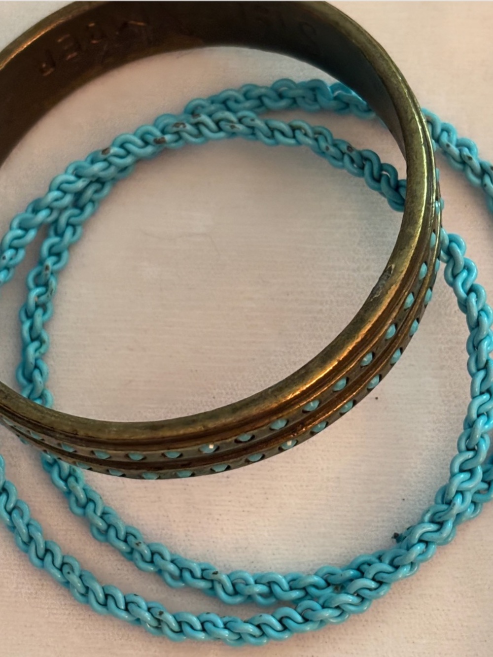 Vintage Brass Tone & Turquoise Metal Bangle Bracelet Set Boho Stack of 3